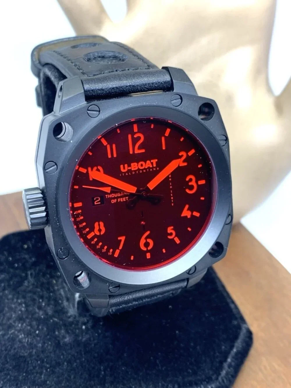 U-Boat Men's Watch 1846 Lefty Swiss Automatic Black Red Face Leather Strap 43mm - Picture 12 of 13